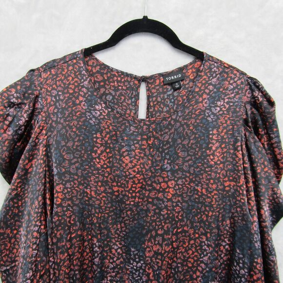 Torrid Top Womens Sz 0 XL Satin Animal Print Blouse Black Multicolor Puff Sleeve - Picture 4 of 14